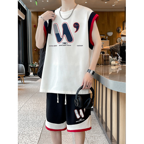 青少年無袖t恤男夏季運動套裝高中初中學生冰絲背心帥氣大童夏裝