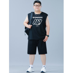 夏季大碼男士背心運動套裝男裝寬松肥佬無袖T恤上衣休閒運動套裝