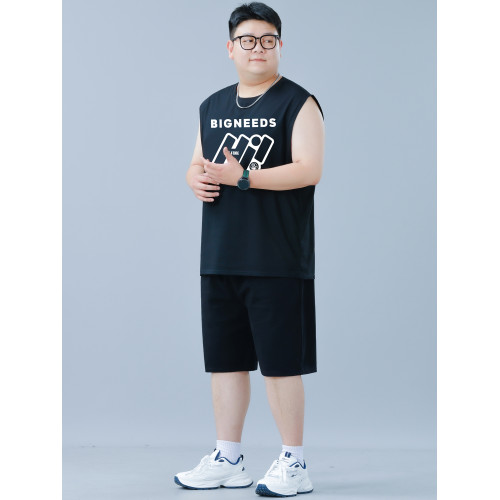 夏季大碼男士背心運動套裝男裝寬松肥佬無袖T恤上衣休閒運動套裝