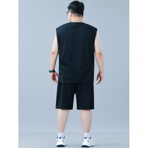 夏季大碼男士背心運動套裝男裝寬松肥佬無袖T恤上衣休閒運動套裝