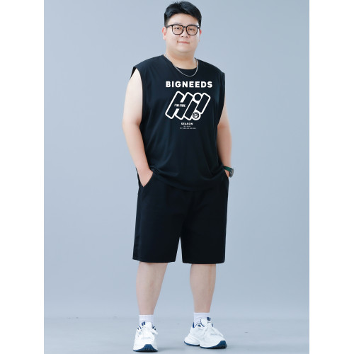 夏季大碼男士背心運動套裝男裝寬松肥佬無袖T恤上衣休閒運動套裝