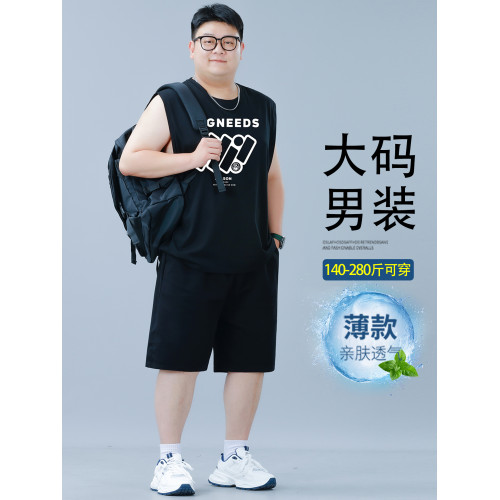 夏季大碼男士背心運動套裝男裝寬松肥佬無袖T恤上衣休閒運動套裝