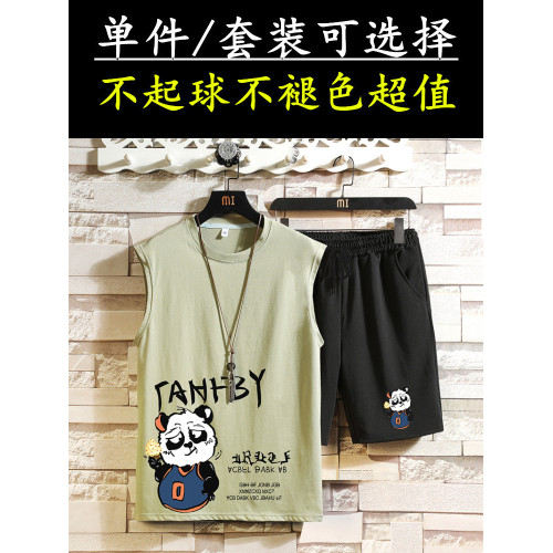 青少年運動套裝13男孩無袖t恤14初中學生背心短褲12-15嵗大童夏裝