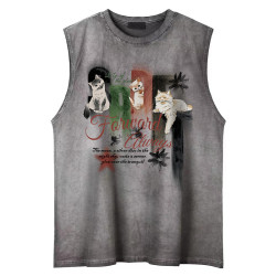 51嘻哈美式復古髒洗做舊小貓印花無袖T恤男夏季寬松運動坎肩背心