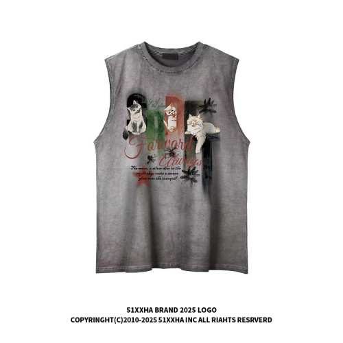 51嘻哈美式復古髒洗做舊小貓印花無袖T恤男夏季寬松運動坎肩背心