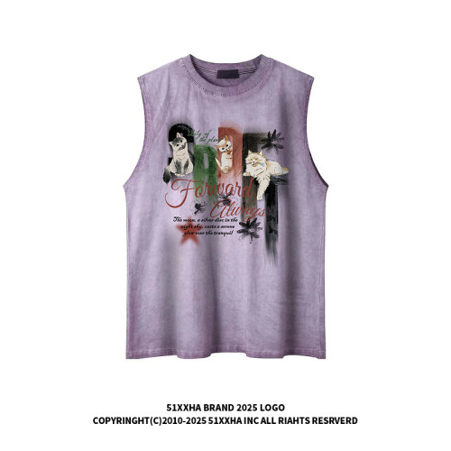 51嘻哈美式復古髒洗做舊小貓印花無袖T恤男夏季寬松運動坎肩背心