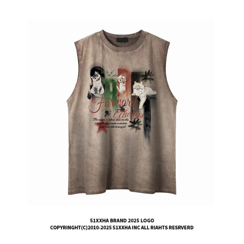 51嘻哈美式復古髒洗做舊小貓印花無袖T恤男夏季寬松運動坎肩背心