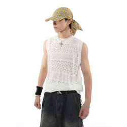 夏季原創美式復古痞帥微鏤空無袖針織衫背心男女百搭打底衫上衣