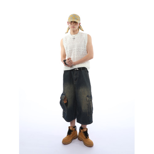 夏季原創美式復古痞帥微鏤空無袖針織衫背心男女百搭打底衫上衣