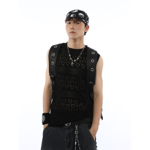 夏季原創美式復古痞帥微鏤空無袖針織衫背心男女百搭打底衫上衣