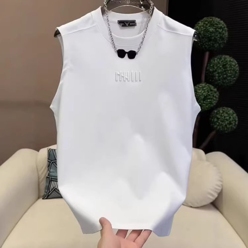 夏季新款男士潮流時尚百搭休閒圓領坎肩簡約刺綉無袖背心T恤上衣