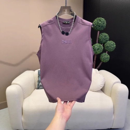 夏季新款男士潮流時尚百搭休閒圓領坎肩簡約刺綉無袖背心T恤上衣