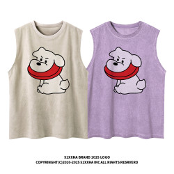 51嘻哈日系小狗印花麂皮絨無袖T恤男女夏季寬松運動情侶坎肩背心