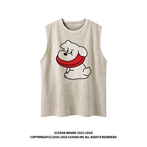 51嘻哈日系小狗印花麂皮絨無袖T恤男女夏季寬松運動情侶坎肩背心