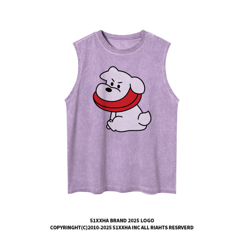 51嘻哈日系小狗印花麂皮絨無袖T恤男女夏季寬松運動情侶坎肩背心