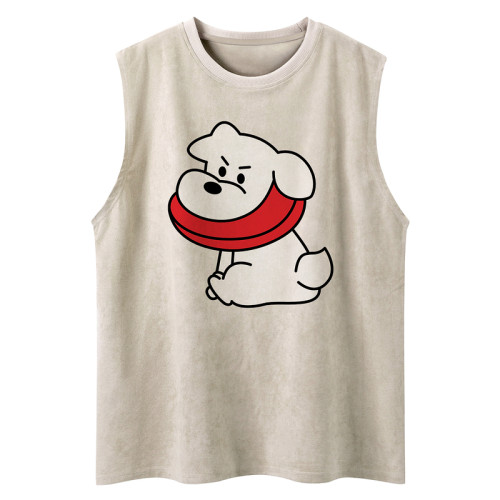 51嘻哈日系小狗印花麂皮絨無袖T恤男女夏季寬松運動情侶坎肩背心