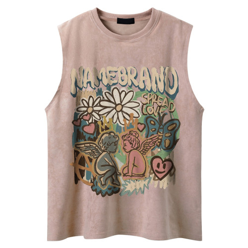 51嘻哈復古多巴胺趣味印花情侶坎肩背心男女夏季美式運動無袖T恤