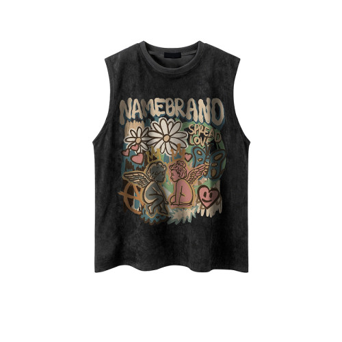 51嘻哈復古多巴胺趣味印花情侶坎肩背心男女夏季美式運動無袖T恤