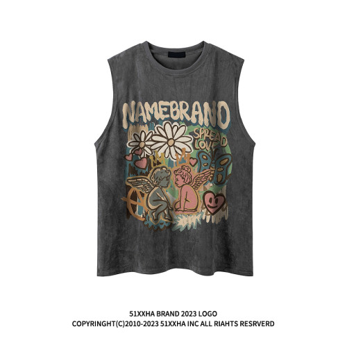 51嘻哈復古多巴胺趣味印花情侶坎肩背心男女夏季美式運動無袖T恤