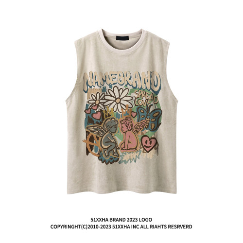 51嘻哈復古多巴胺趣味印花情侶坎肩背心男女夏季美式運動無袖T恤