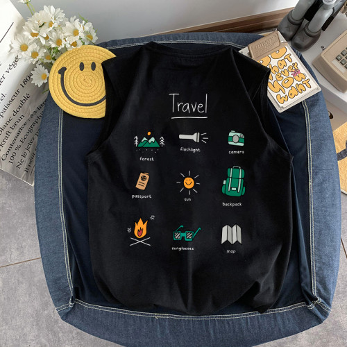 美式小衆潮流露營印花背心男青少年大碼坎肩純棉220g無袖t恤夏款