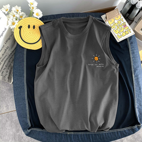 美式小衆潮流露營印花背心男青少年大碼坎肩純棉220g無袖t恤夏款