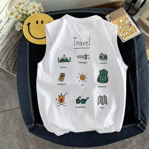 美式小衆潮流露營印花背心男青少年大碼坎肩純棉220g無袖t恤夏款