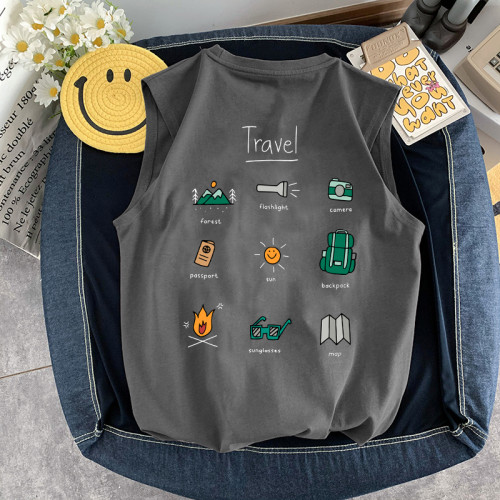 美式小衆潮流露營印花背心男青少年大碼坎肩純棉220g無袖t恤夏款