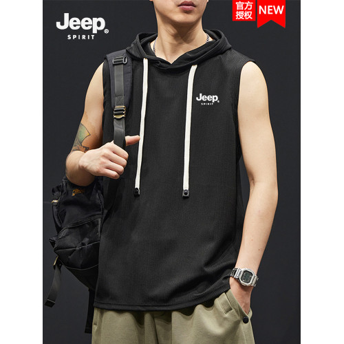 JEEP吉普連帽坎肩t恤衫男2025新款痞帥運動潮牌冰絲圓領無袖背心