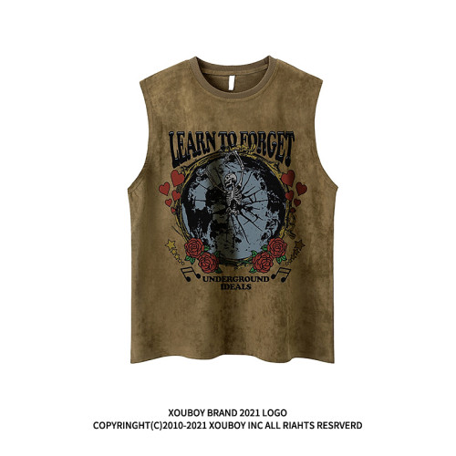 歐美嘻哈設計感骷髏印花無袖T恤男潮牌街頭寬松運動坎肩籃球背心