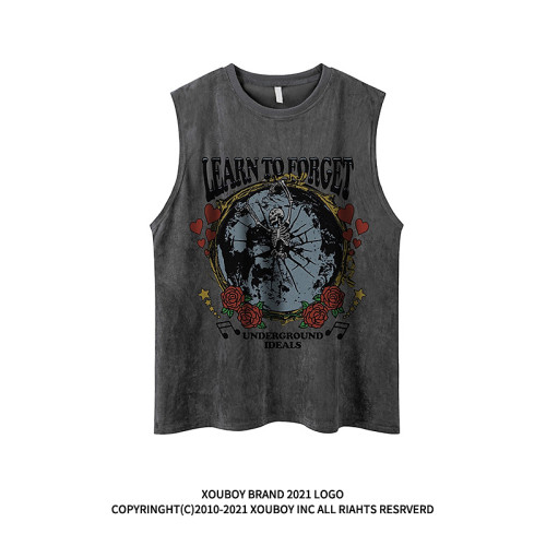 歐美嘻哈設計感骷髏印花無袖T恤男潮牌街頭寬松運動坎肩籃球背心