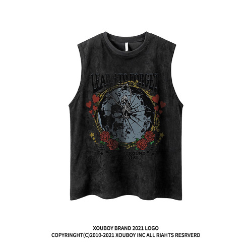 歐美嘻哈設計感骷髏印花無袖T恤男潮牌街頭寬松運動坎肩籃球背心