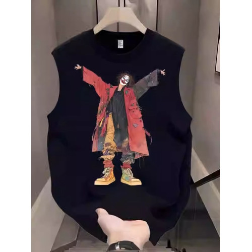 潮牌重磅純棉背心男士無袖t恤2025新款夏季小醜印花運動坎肩男款