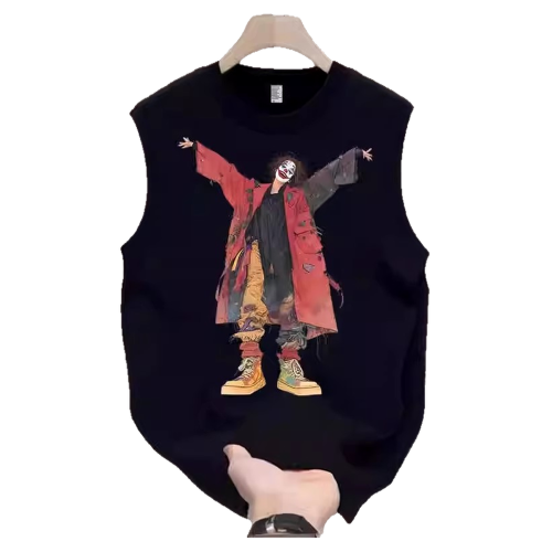 潮牌重磅純棉背心男士無袖t恤2025新款夏季小醜印花運動坎肩男款