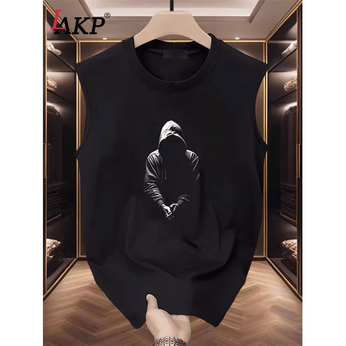 高級美式純棉男士無袖T恤背心2025新款個性印花運動汗衫夏季男款