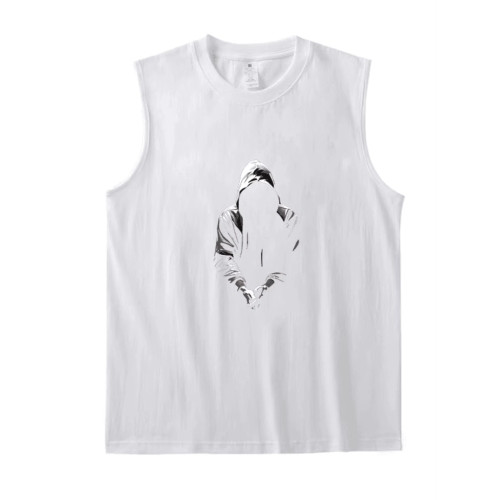 高級美式純棉男士無袖T恤背心2025新款個性印花運動汗衫夏季男款