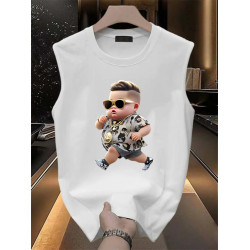 高級男士純棉背心無袖T恤2025新款夏季潮流印花圓領休閒坎肩男款