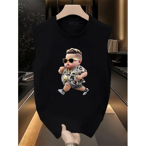 高級男士純棉背心無袖T恤2025新款夏季潮流印花圓領休閒坎肩男款