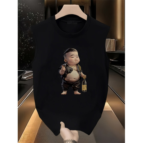 高級男士純棉背心無袖T恤2025新款夏季潮流印花圓領休閒坎肩男款