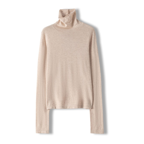 精紡100細羊毛堆堆領針織打底衫女寬松休閒簡約百搭長袖薄毛衣潮