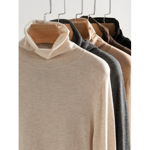 精紡100細羊毛堆堆領針織打底衫女寬松休閒簡約百搭長袖薄毛衣潮