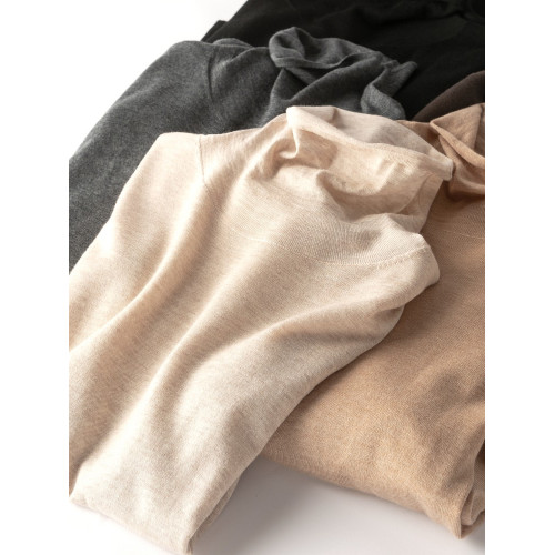 精紡100細羊毛堆堆領針織打底衫女寬松休閒簡約百搭長袖薄毛衣潮