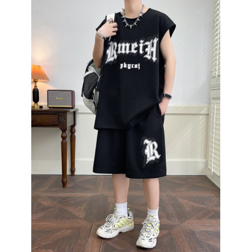 夏季冰絲無袖t恤男套裝初中學生速乾背心青少年大童休閒運動衣服