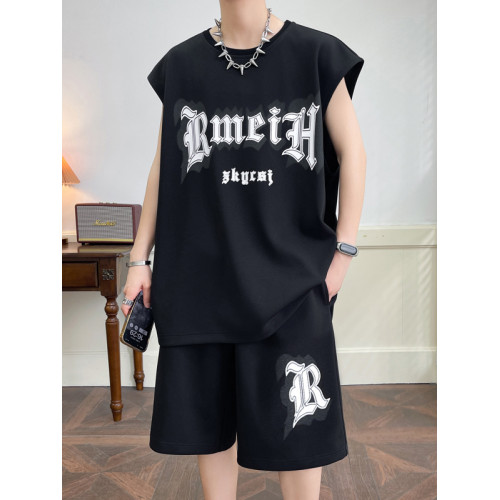 夏季冰絲無袖t恤男套裝初中學生速乾背心青少年大童休閒運動衣服