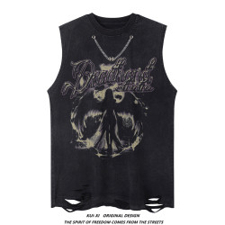 美式復古暗黑喪系小衆天使印花項鍊背心男女寬松嘻哈破洞無袖T恤