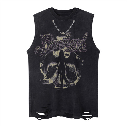 美式復古暗黑喪系小衆天使印花項鍊背心男女寬松嘻哈破洞無袖T恤