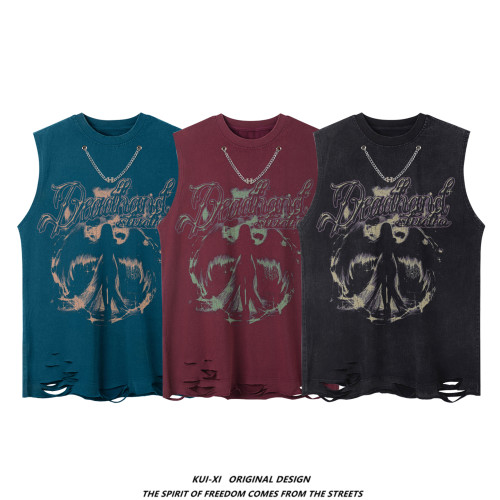 美式復古暗黑喪系小衆天使印花項鍊背心男女寬松嘻哈破洞無袖T恤