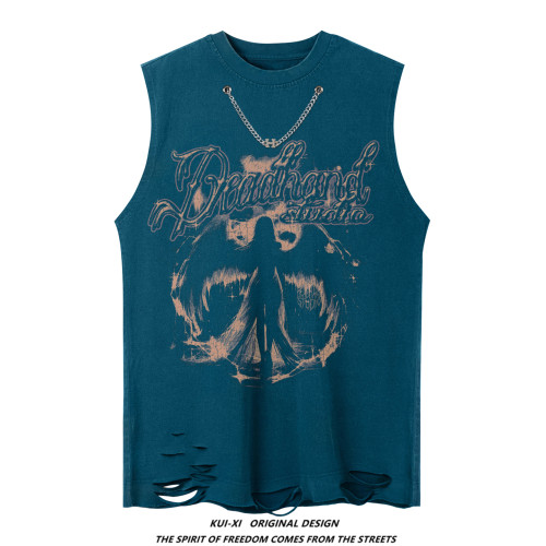 美式復古暗黑喪系小衆天使印花項鍊背心男女寬松嘻哈破洞無袖T恤