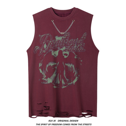 美式復古暗黑喪系小衆天使印花項鍊背心男女寬松嘻哈破洞無袖T恤