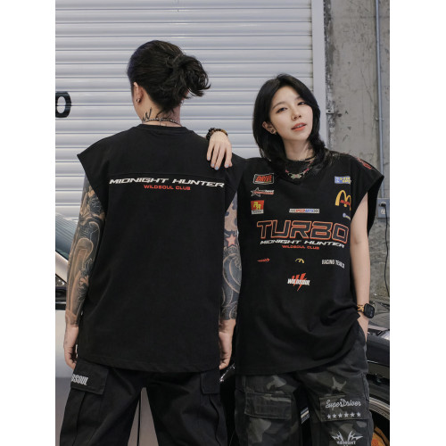 wildsoul夏季重磅印花無袖賽車復古背心純棉圓領休閒寬松個性美式